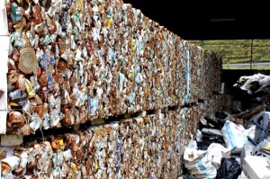 'Bales' of compacted cans awaiting transportation
